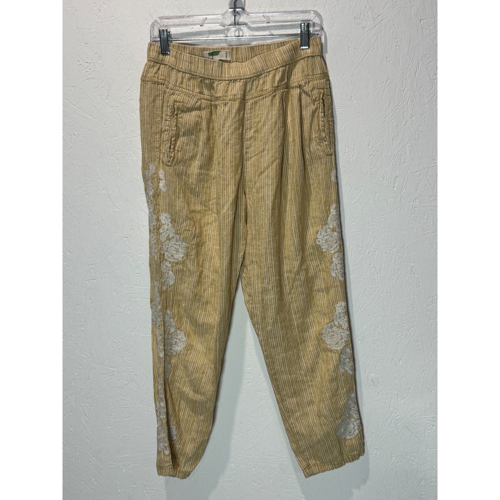 Anthropologie Linen Pull On Pants Yellow Pinstripe Floral Embroidered Size S